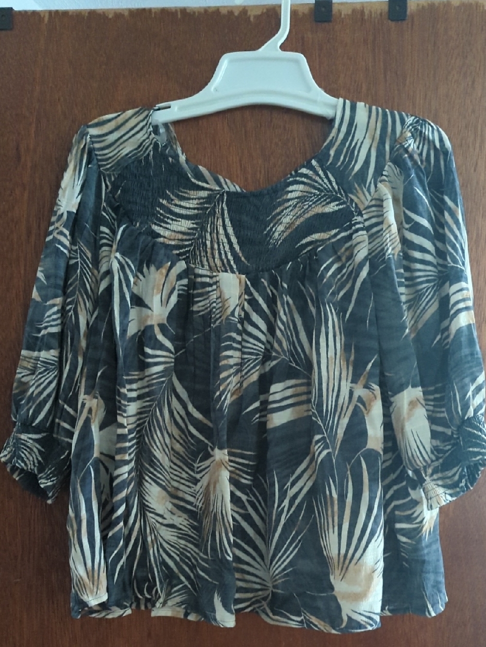 Zac & Rachel Black and Cream Smocked Yoke Botanical Blouse